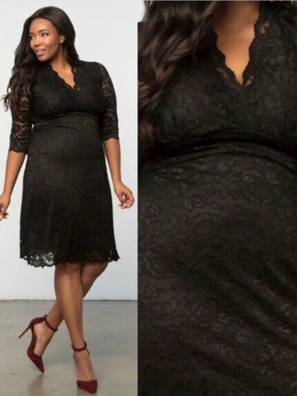 Kiyonna Dress 4X Black Scalloped Lace Empire Waist LBD Cocktail Length EUC